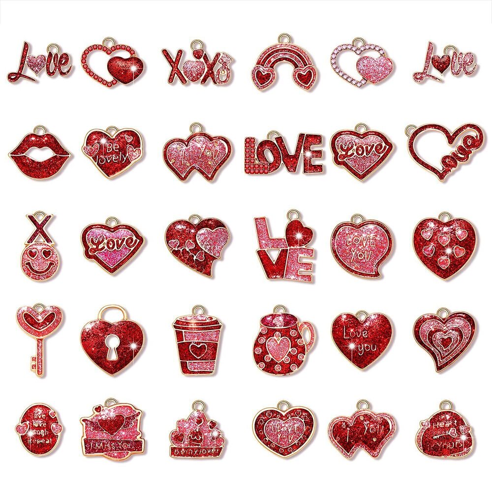 4911 30/42PCS Valentine's Day Charms Heart, Pink Red Heart Pendant, Letter